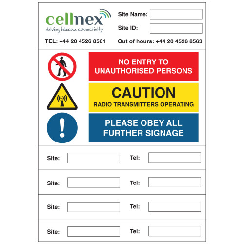 Cellnex No Entry - 210mm x 297mm 1.2mm Rigid Foamex (MOQ 30PCS)