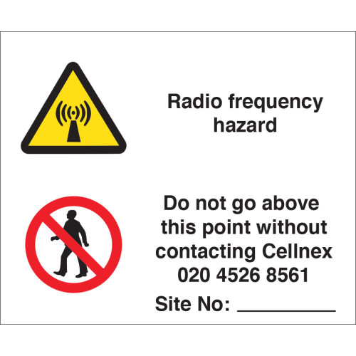 Cellnex RF Hazard - 85mm x 70mm 1.2mm Rigid Foamex Self Adhesive