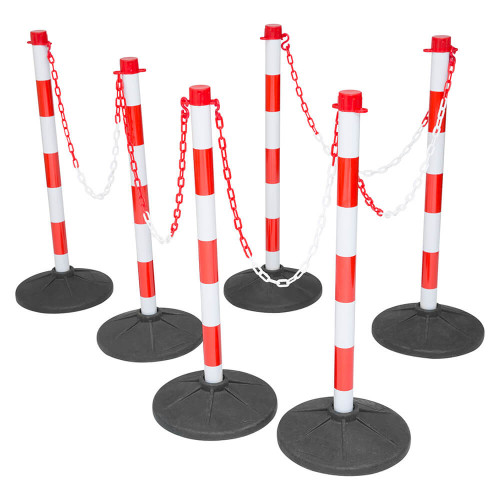 Rubber Base Red and White 6 Post Plastic Chain Kit (10m) (6 x Base, 6 x Post, 5 x chain)