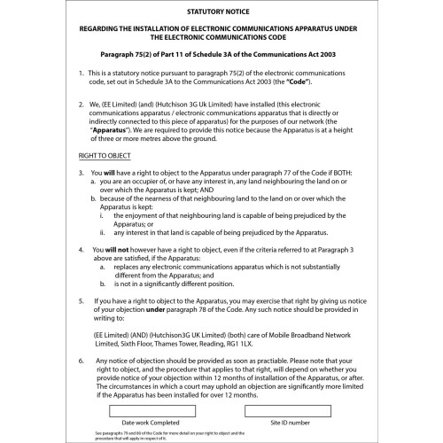 EE/H3G - Paragraph 75 - Sign - 210mm x 297mm x 1mm PVC - Adhesive